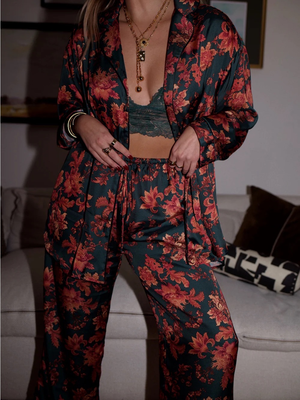 HDYWT satin pajama set in lotus print small